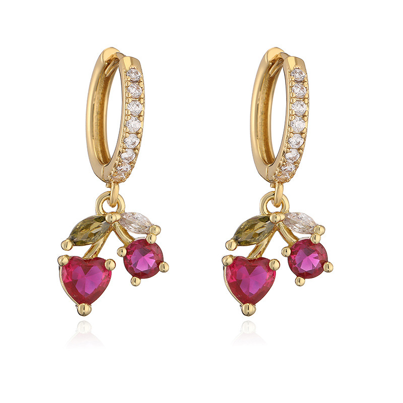 6g Weight Copper Ear Needle Material Zircon Inlay Material Charm Sleeper Hoop Earrings, Earrings Classification 1 Pair Quantity Holiday, Banquet, Daily Occasion Copper Material Cherry, Heart Shape Pattern Women's Gender Inlay Design Sweet Style 1 Pair Sweet Cherry Heart Shape Inlay Copper Zircon Earrings 16