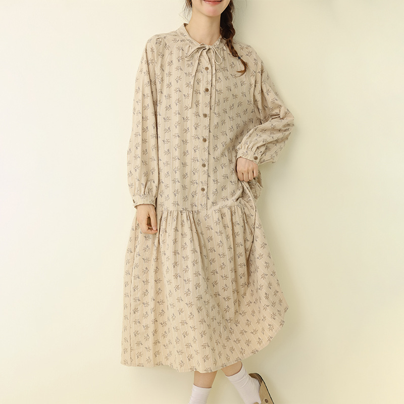 甜美森女日系文艺碎花系带圆领长袖连衣裙宽松百搭显瘦套头长裙秋|undefined