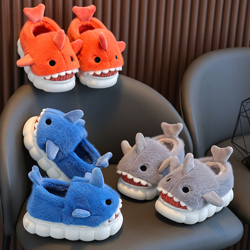 Children's Cotton Slippers for Autumn and Winter Waterproof Home Interior Anti-Slip Cute Shark Pattern Baby Kids Cotton Slippers