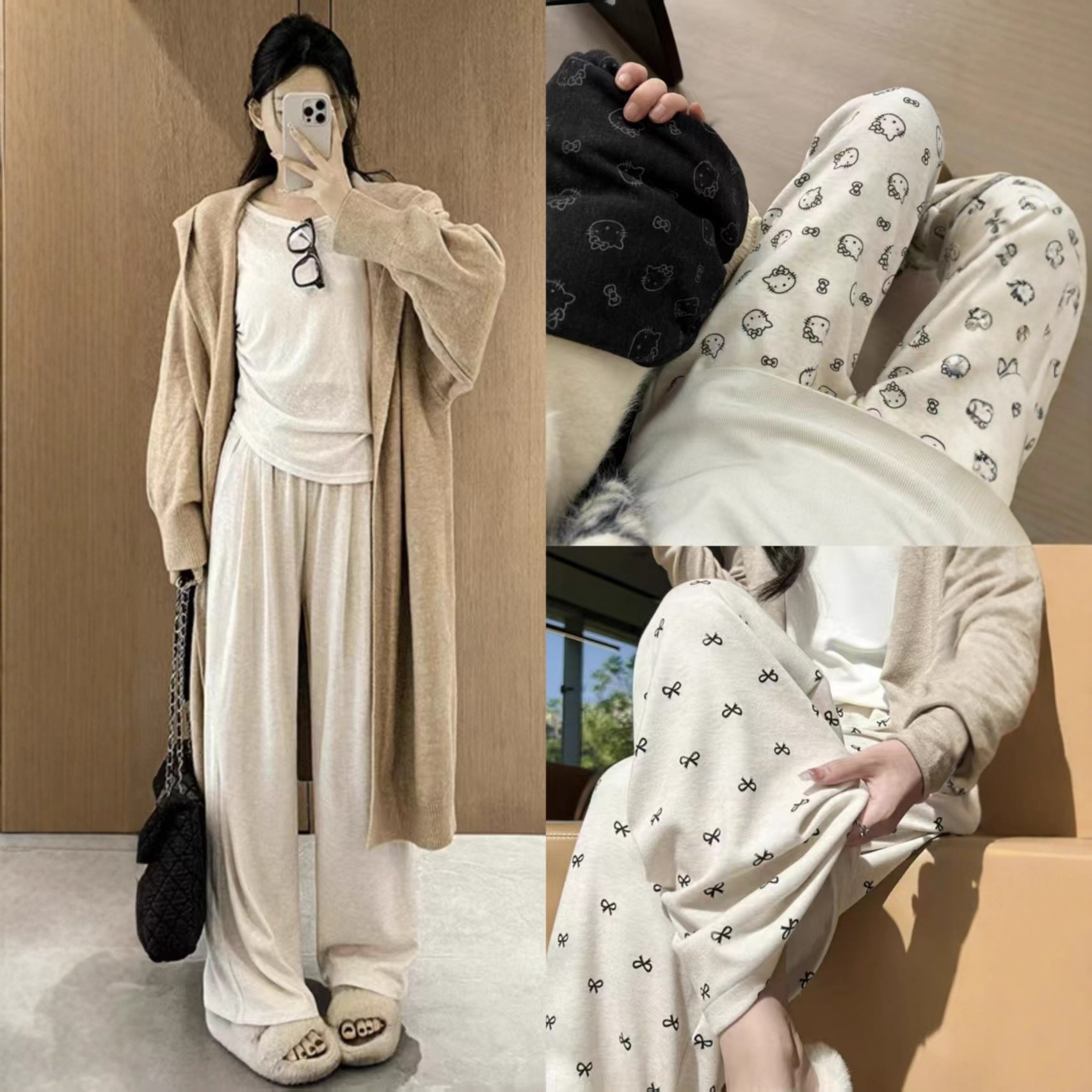 프린트 캐주얼 찹쌀팬츠 여성용 가을겨울 하이웨이스트 슬림핏 스트레이트 핏 작은 체형용 와이드 팬츠 부드럽고 흐르는 듯한 질감의 롱 팬츠