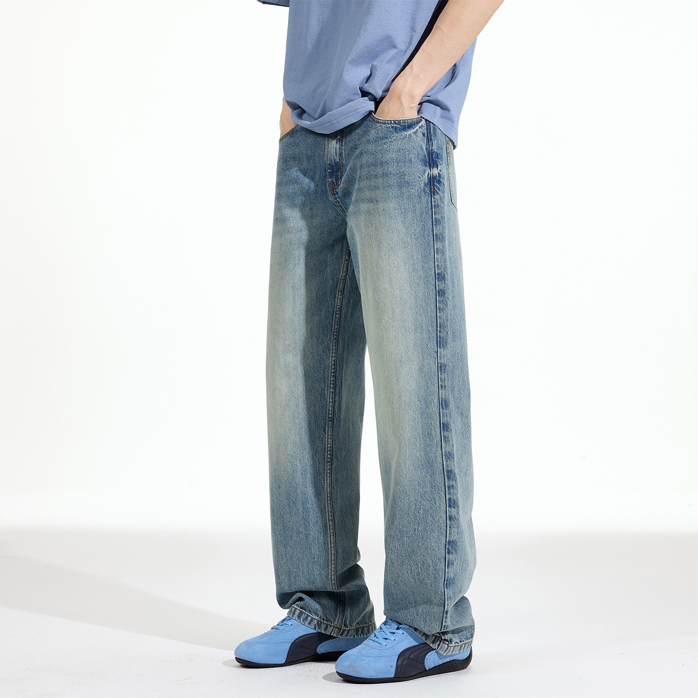 Pantalones Jeans Rectos Estilo Retro para Hombre de Algodón Lavado Corte Holgado para Ocio