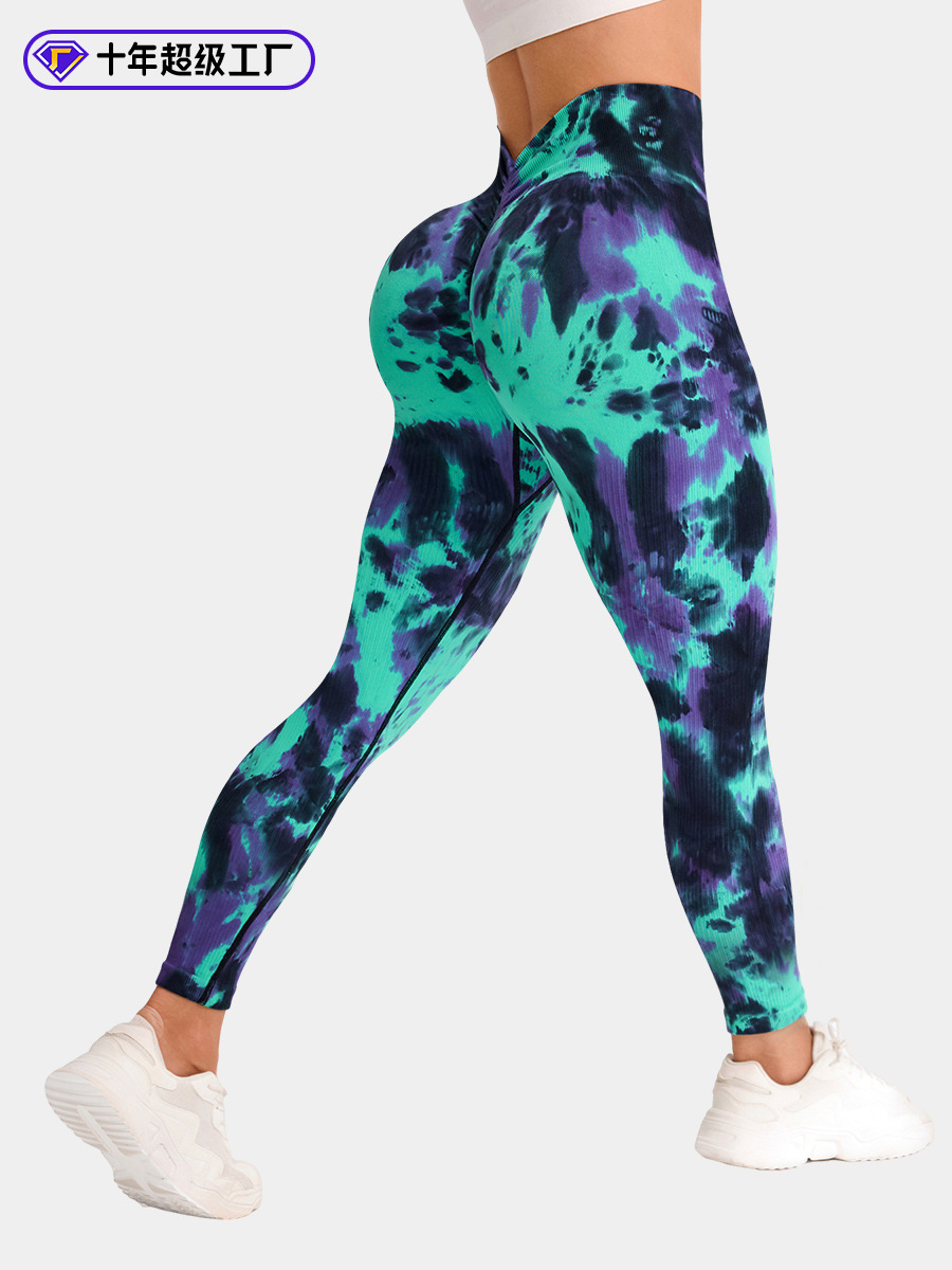 Transfronterizo V cintura gruesa atada de rosca teñida de pantalones de camisa de mujer sin costura de cintura alta leggings deportivos para correr pantalones de fitness