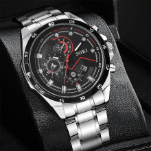 SOKI新品日历男士商务石英表套装 外贸休闲男腕wish手表厂家批发