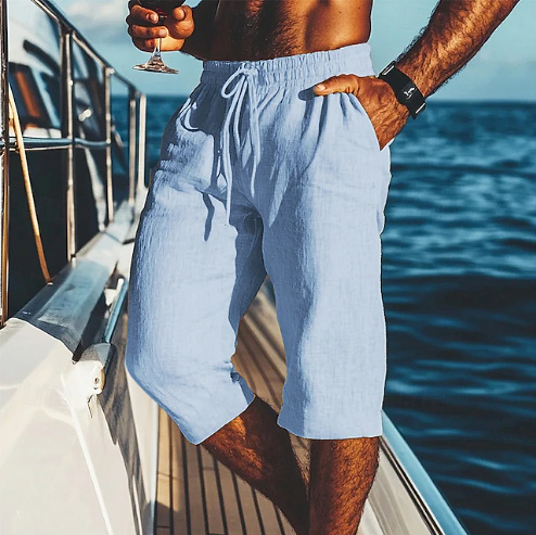 Men's Capri Pants New Linen Summer Beach Shorts With Pockets Drawstring Elastic Waist Solid Color Comfortable And Breathable_viptrois.com