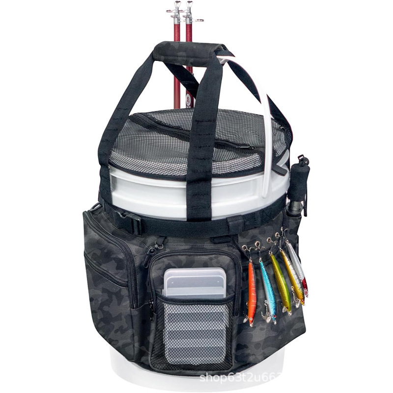Bolsa de almacenamiento de barril de pesca Bolsa de equipo de pesca con soporte de línea y pinzas Bolsa de barril de pesca multibolsillo image 1