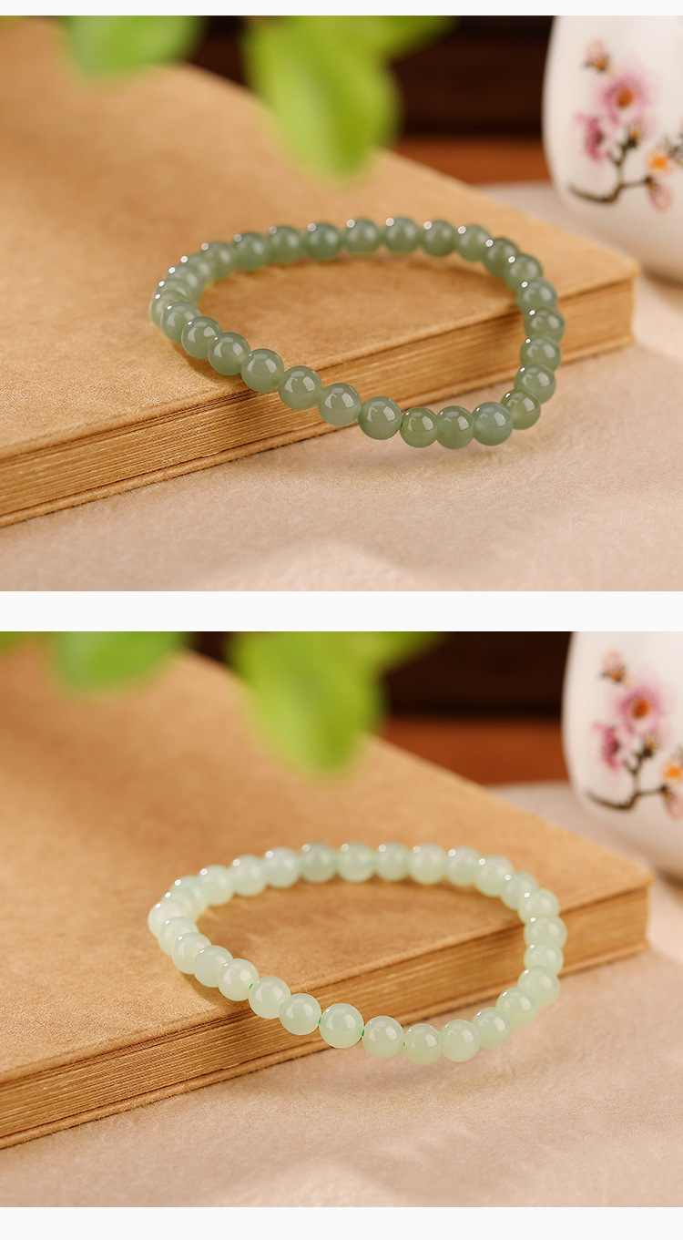 Vòng tay bạc S925 hạt ngọc bích Hetian tròn cổ điển — Màu sáng 8mm chi tiết 10