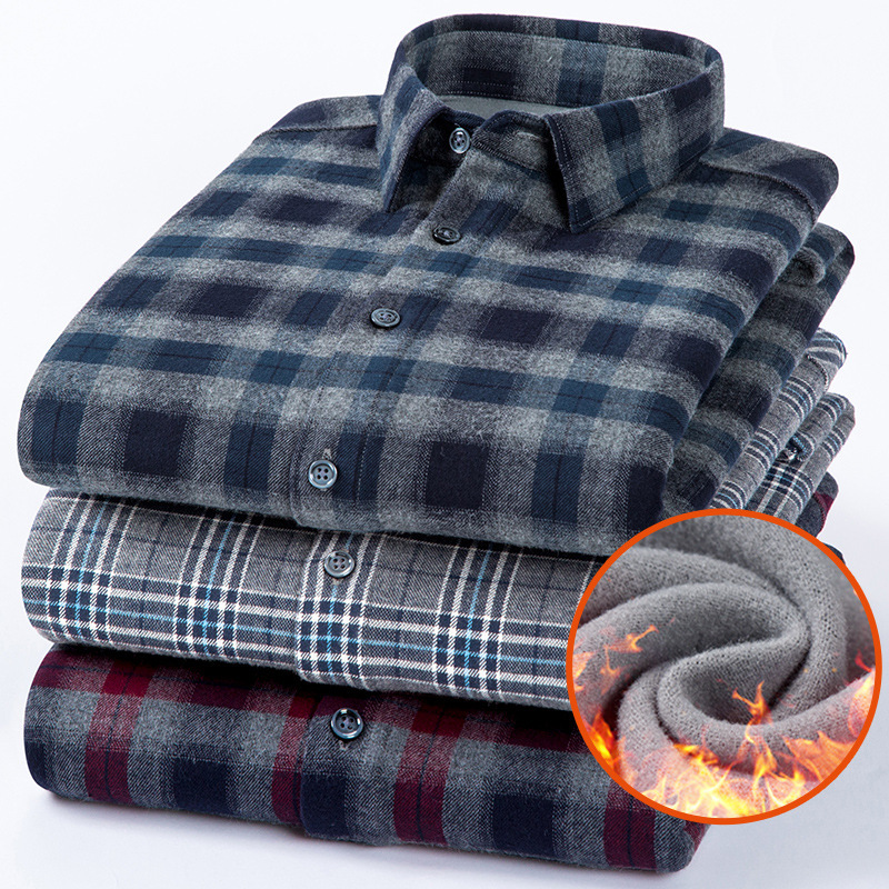 Special Offer Autumn and Winter New Cotton Shirt Men's Sanding Long Sleeve Plaid fleece-lined Composite One-piece Velvet Warm Shirt for Men