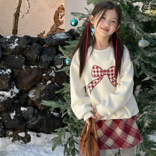 韩版童套装2025冬款女童蝴蝶结加绒卫衣红格子短裙套装儿童两件套