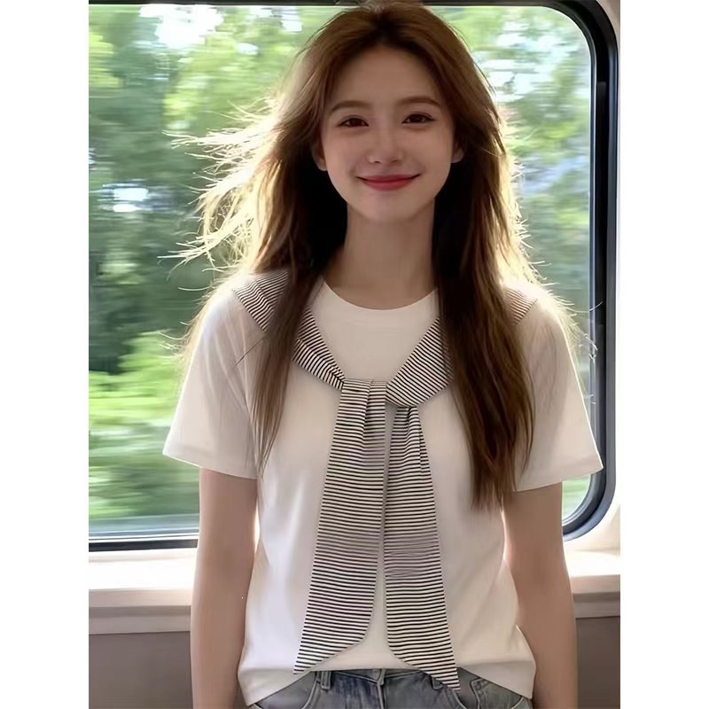 带披肩条纹短袖T恤2026夏季新款修身百搭气质穿搭独特上衣潮批发