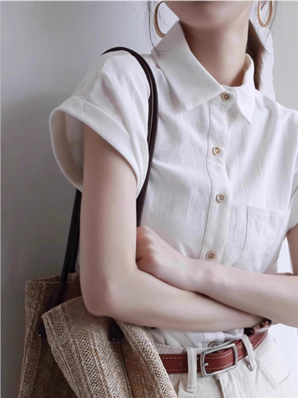 French-Style Cotton and Linen White Short-Sleeve Shirt for Women, Summer 2026 New Design, Short Blouse with Flutter Sleeves