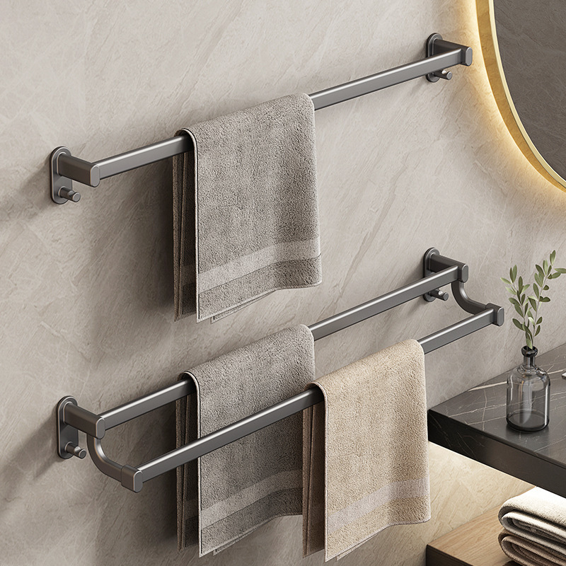 Gun Gray Double Pole Towel Rack Without Punching Bathroom Towel Bar Bathroom Storage Rack Space Aluminum Accessible Luxury Bath Towel Rack