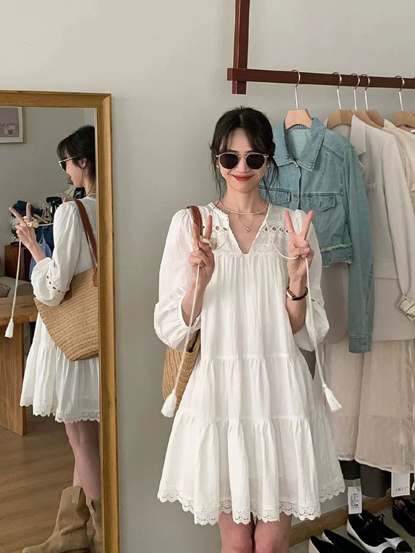 Ethnic Style Hollow Out French Patchwork Long Sleeve Dress Summer Bohemian Loose A-Line Short Dress Fresh