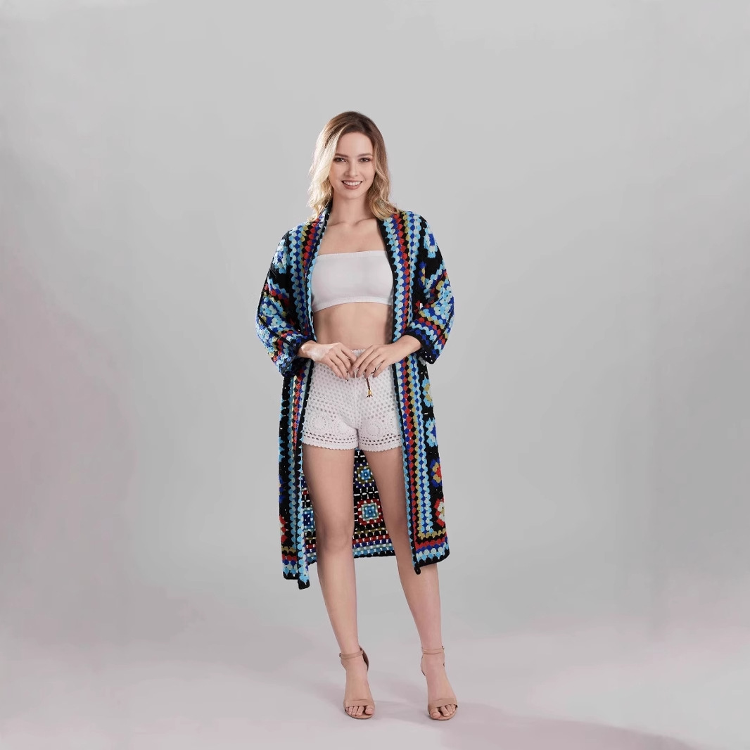 跨境2025新款春秋波西米亚度假E398风印花复古长款气质提花镂空长