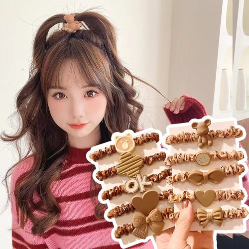 Milk tea color 5-piece set of children's headband large intestine hair band women's high ponytail rubber band ins high-value hair accessories hair rope wholesale
