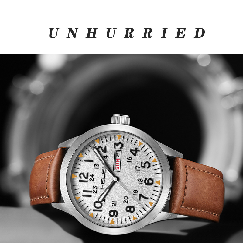 New Brand HELEI Men's Watch Genuine Leather Waterproof Luminous Wrist Watch Quartz Watch Calendar Week Display_voghion.com
