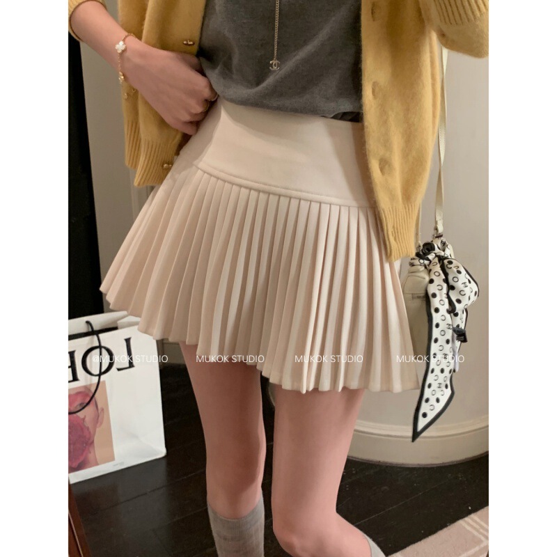 Early Autumn New High Waist Twill Suit Pleated Skirt Women's Slimming All-match Skirt Shading Short A- line Skirt