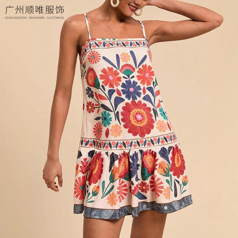 Amazon European and American Cross-Border Women's Clothing Printed Bohemian Flowing Suspender Holiday Style Casual Loose Dress