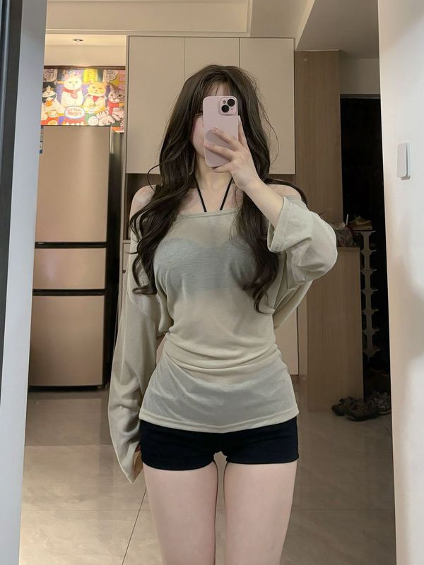 纯欲风辣妹空调衫后背绑带斜肩长袖T恤女秋季露肩防晒罩衫上衣潮|undefined