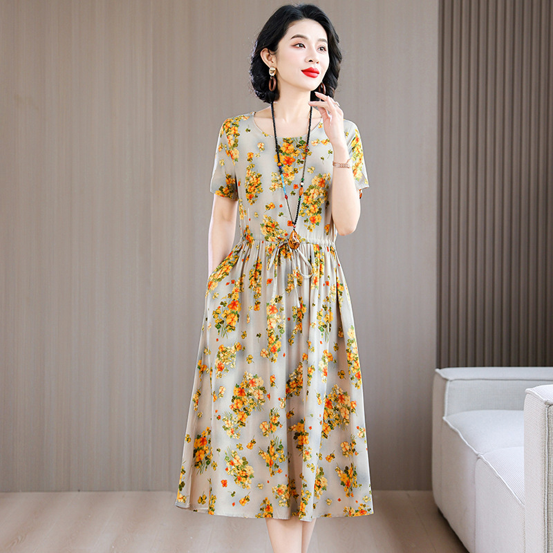 中高年向けの新しい綿シルクドレス、夏の若いスタイル、中年母親の花柄ロングスカート、エレガントなアウターウェア|undefined