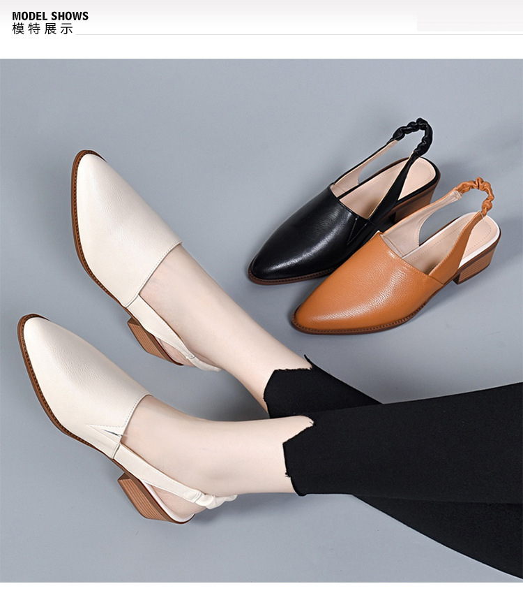 Dép sandal nữ da thật mũi nhọn gót trung bình quai chữ V — Màu đen chi tiết 2