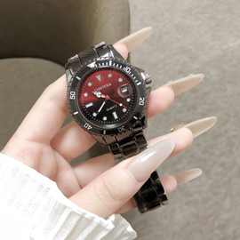 黑色钢带红盘带日历男士手表时尚运动风石英腕表日常休闲百搭男表