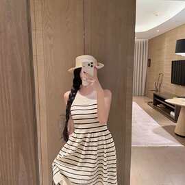 小众设计刺绣轻奢无袖条纹连衣裙女A字大摆背心针织短裙气质减龄