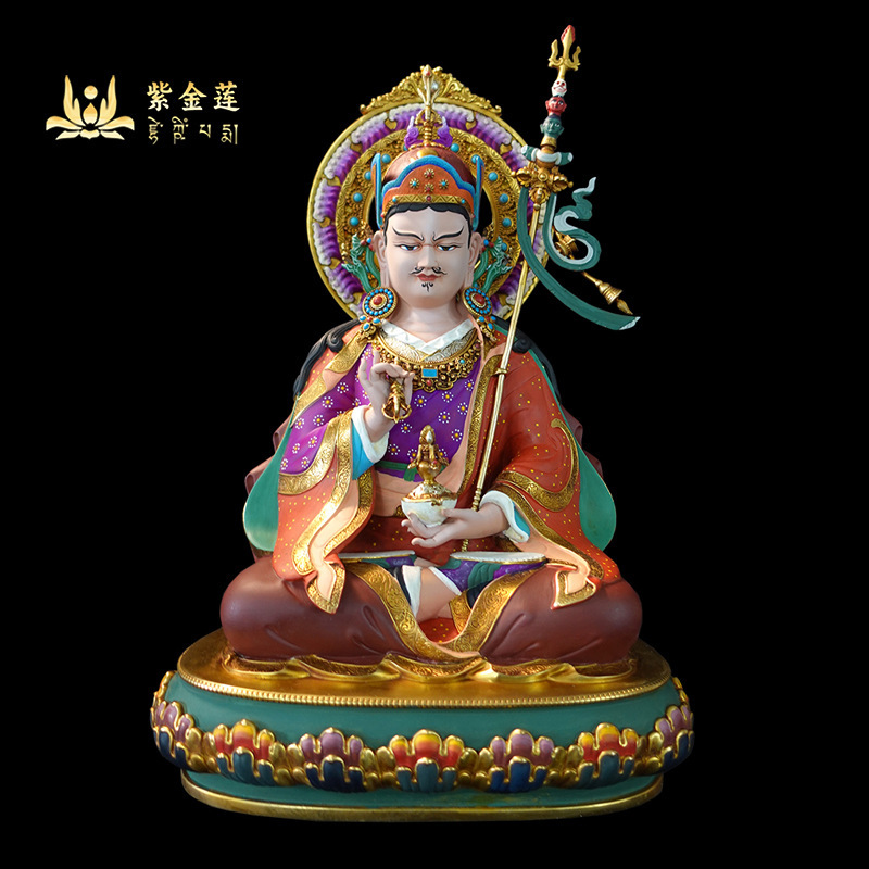 紫金蓮ネパールチベット工芸蔵伝密宗彩絵蓮師蓮花生純銅純手彫り置物|undefined