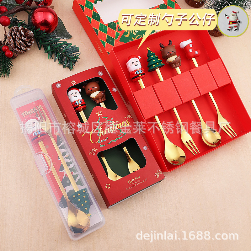 クリスマススプーンセット クリスマス食器ギフト2点セット デザートスプーンとフォーク サンタクロースとトナカイのフィギュア付きスプーン|undefined