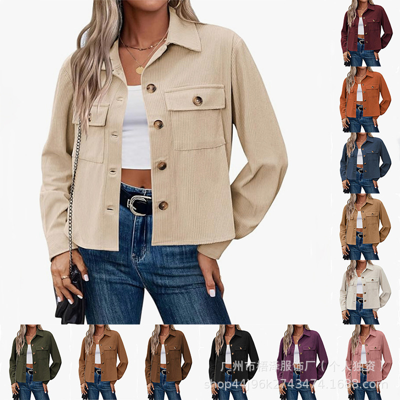 Cross-Border European and American Style Women's Fashion Short Corduroy Jacket Button-Up Top Autumn Fashion Long-Sleeved Shirt Jacket