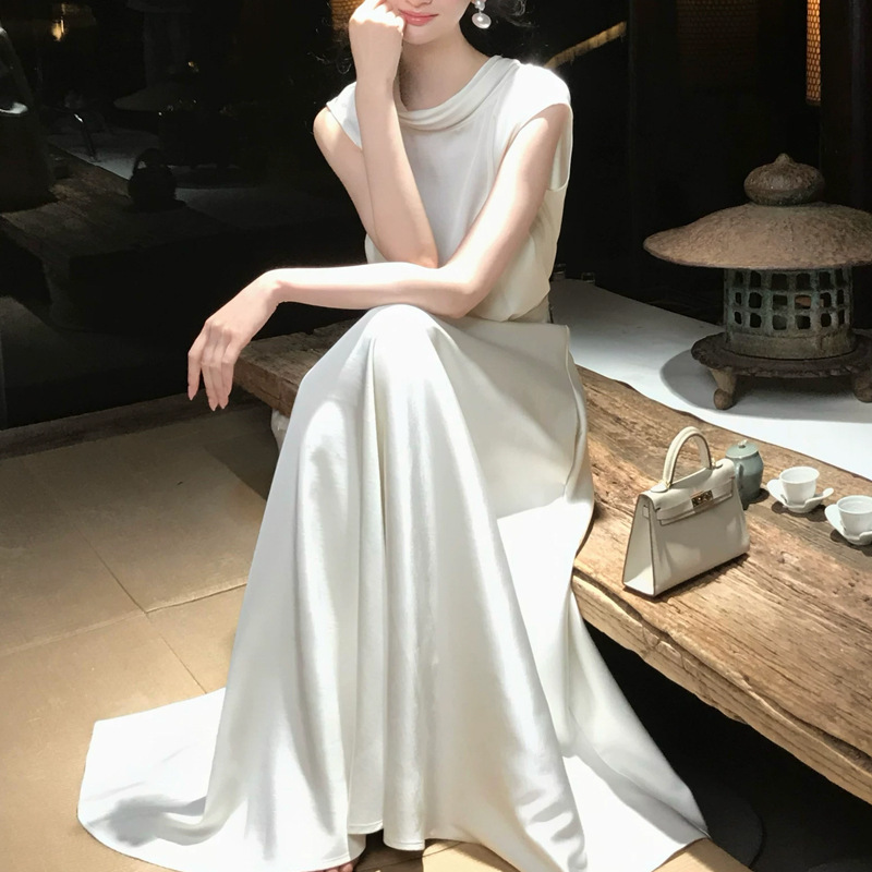2026 Summer Elegant Satin Ribbon Dress, Lazy High-End Socialite Style, High-Waisted A-Line Slimming Long Dress