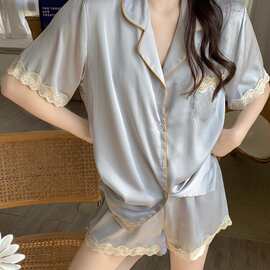 高级雾霾蓝睡衣女夏款2026新款冰丝仿真丝短袖薄款家居服套装