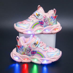 Girls' shoes with lights 2024 autumn and winter new style velvet warm shoes leather-covered girls' sneakers little girl princess shoes