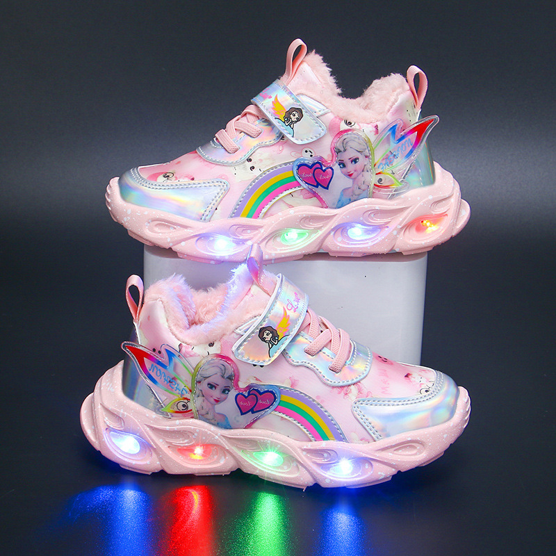 Girls' Shoes with Lights 2024 Autumn and Winter New Velvet Warm Shoes Leather-Covered Girls' Sneakers Little Girls Princess Shoes