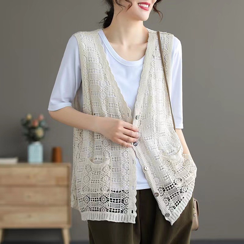 Hollow-out de punto cardigan chaleco verano de las mujeres casual moda artística retro suelta desgaste exterior Polka Dot malla superior chaleco image 10