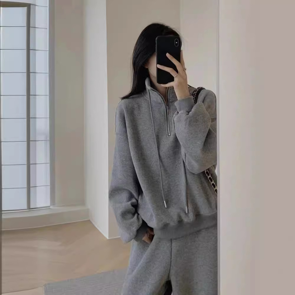 Tuta sportiva casual in cashmere ActiveGo Lazy Style per donna, felpa con collo alto e gamba larga, foderata in pile, calda per autunno e inverno_voghion.com