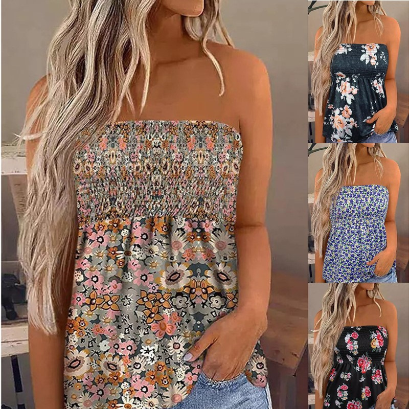 In stock! Sleeveless top women's flower print sexy strapless tube top pleated slim fit tight vest shirt