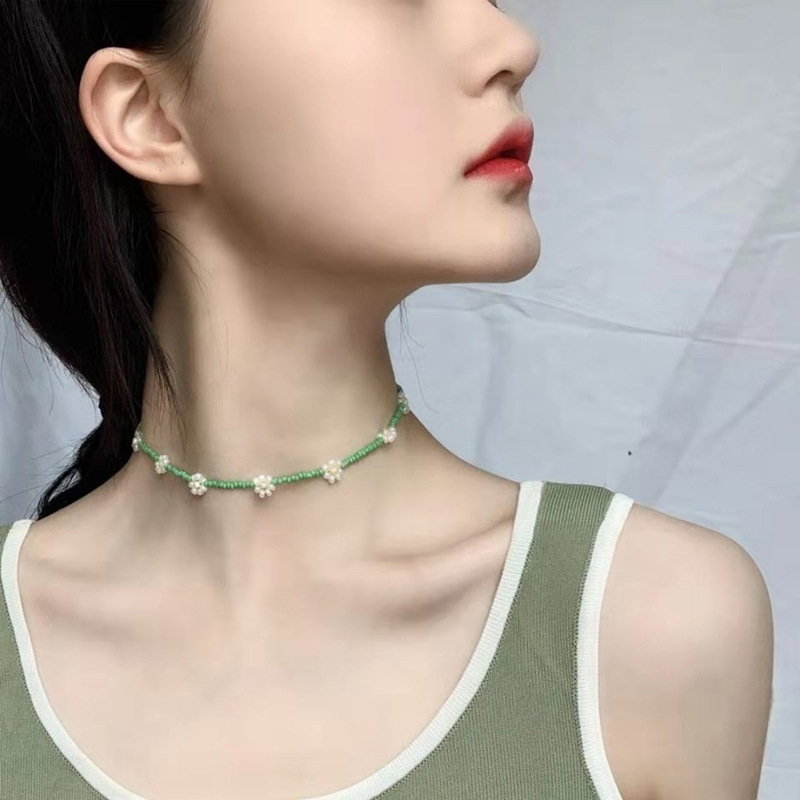 Korean geometric crystal beaded color rice bead necklace female