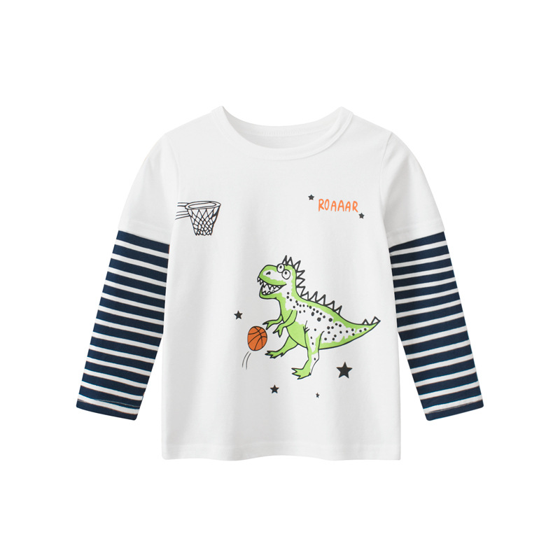 27kids marca ropa para niños otoño nuevo 2024 camiseta de manga larga para niños transfronterizos camisa de fondo para hombres dos dinosaurios falsos