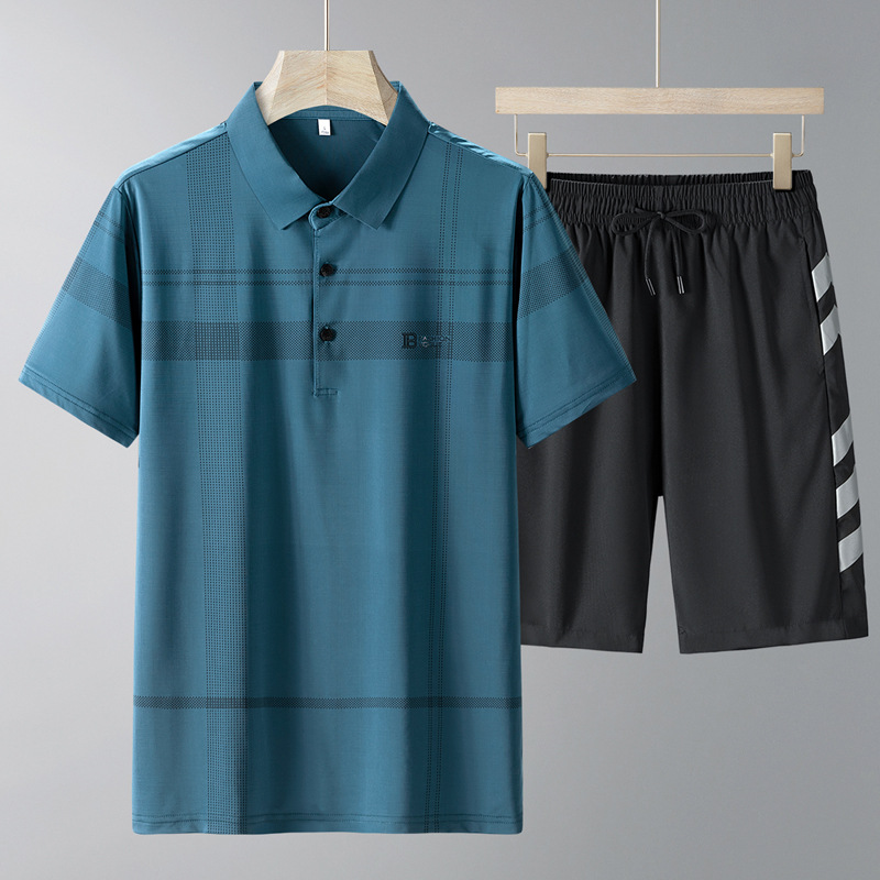 Papa de verano, traje casual de seda de hielo para hombres, camisa polo para hombres, manga corta, manga corta, traje de moda para hombres de mediana edad