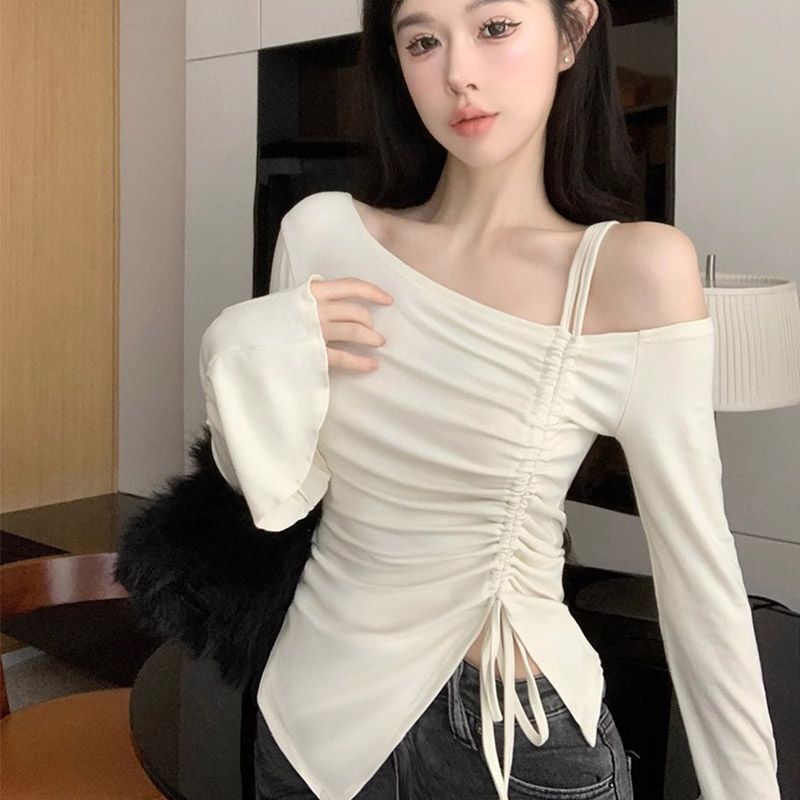 Drawstring Long-sleeved T-shirt Women's Spring and Autumn New Irregular Design Niche Spice Girls Slim-fit Shoulder-exposed Sexy Top Drawstring Long-sleeved T-shirt Women's Spring and Autumn New Irregular Design Niche Spice Girls Slim-fit Shoulder-exposed Sexy Top