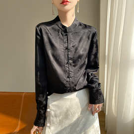 新中式真丝缎面衬衫女国风立领盘扣上衣高级感醋酸提花长袖白衬衣