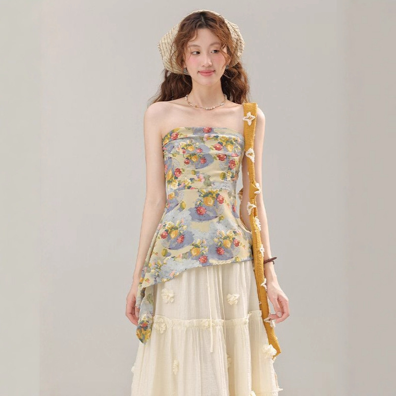 American Retro Hot Girl Oil Painting Tube Top Women's Summer New Slimming Irregular Design Short Top