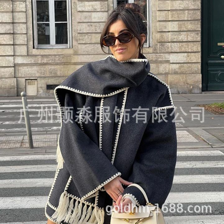 厚手のファッショナブルな両面ウールミドル丈コート、秋冬用トップス、ウール素材の韓国風ゆったりコート、スカーフ付きフリンジ付きレディースモデル|undefined