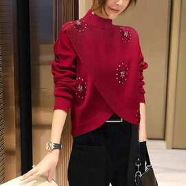 高端洋气钉钻交叉短款长袖毛衣女秋冬时尚半高领宽松百搭针织衫潮