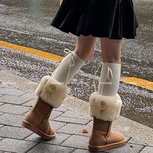 Autumn and winter solid color slimming pressure calf socks children Korean ins blogger with bow sweet ribbon knee