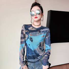 设计感印花网纱圆领t恤女秋冬新款小众别致显瘦百搭美式辣妹上衣