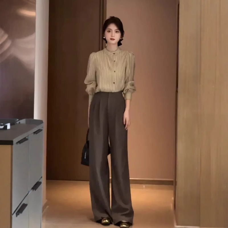 高级感时尚套装2025秋季新款干练气质女装小香风衬衫阔腿裤两件套|undefined
