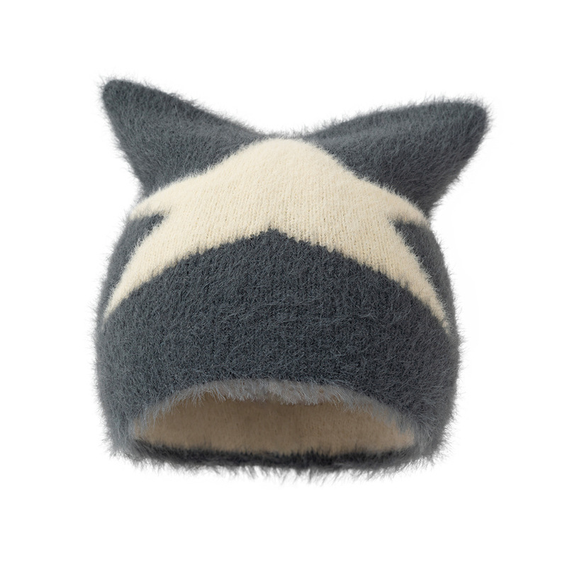 欧美猫猫耳朵包头保暖防风防寒软糯帽子批发针织帽冬季五星帽|undefined