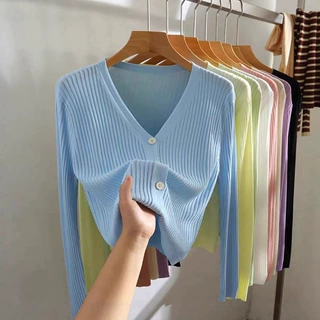 薄款冰丝春秋季外搭短款v领针织衫开衫纯色气质百搭上衣女披肩