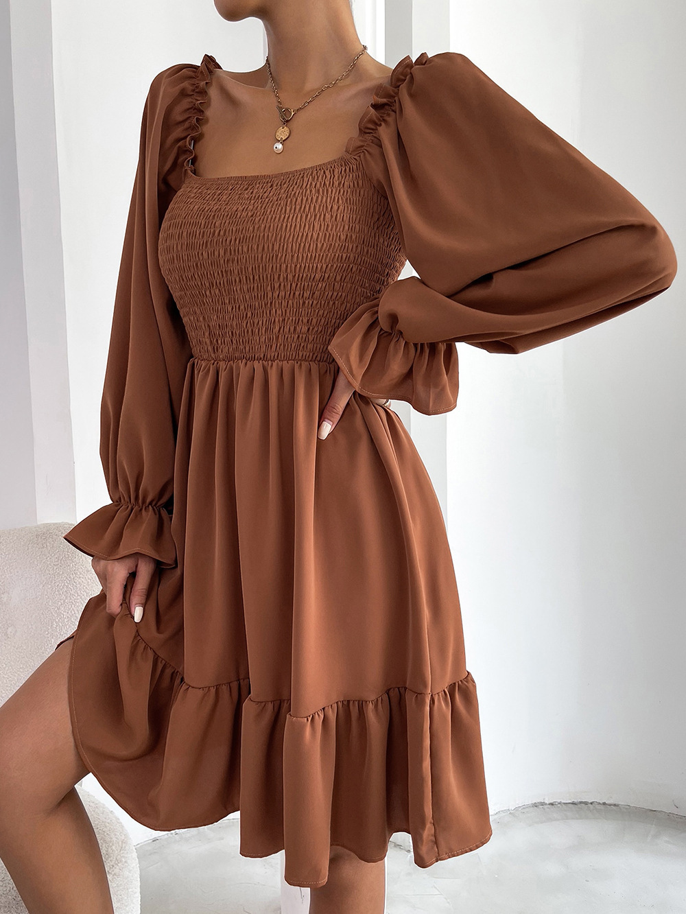 374g Weight Knee-Length Dress Length Type Long Sleeve Sleeve Length A-Line Skirt Dresses Type Flounce Sleeve Sleeve Type Polyester Fabric Type High Waist Waist Line Daily Occasion Square Neck Neckline Regular Fit Fit Type Solid Color Pattern Summer, Spring, Autumn Season Women'S Gender Ruffles Design Fashion Style Wholesale Women'S Fashion Ruffles Solid Color Daily Square Neck Long Sleeve A-Line Skirt 13